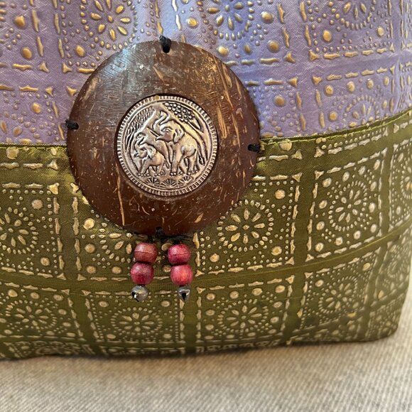Artisan Thai Boho Bag Purple/green with black Cotton-strap Wooden Beads & Button - Picture 2 of 13